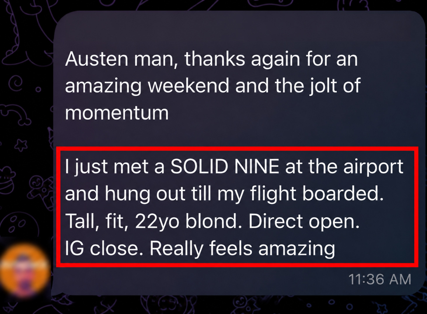 Client message thanking Austen for the weekend, then describing meeting a woman at the airport and getting her Instagram before the flight
